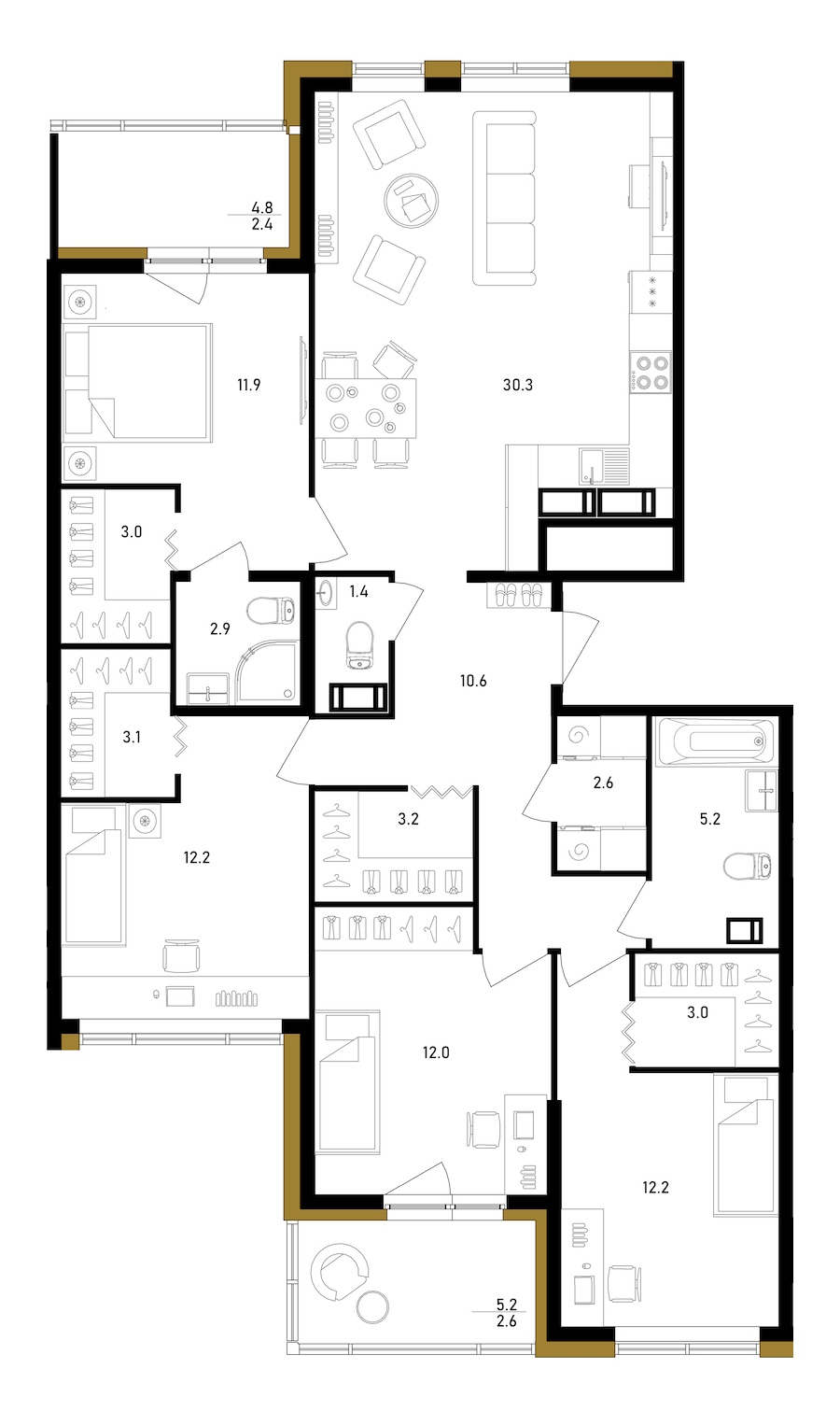 4-комнатная квартира 118.6 м², 9/12 эт., ЖК «Белый Остров»